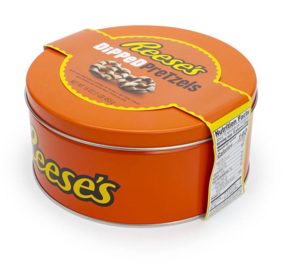SHIPS COOL! Reese's Milk Chocolate Peanut Butter Dipped Pretzels 16oz Candy Tin