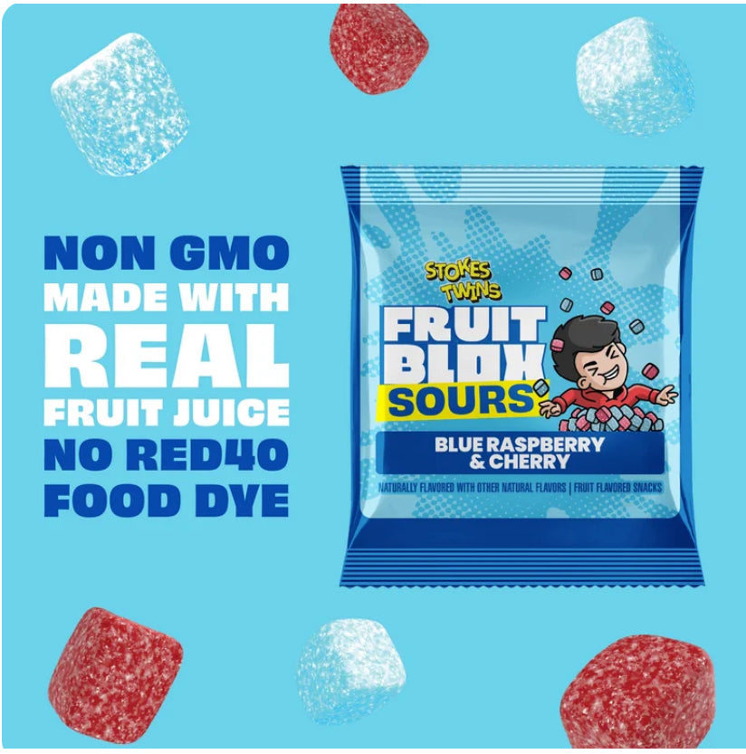 22 PACKS! NEW! FruitBlox Stokes Twins Sour Fruit Snacks, Blue Raspberry & Cherry