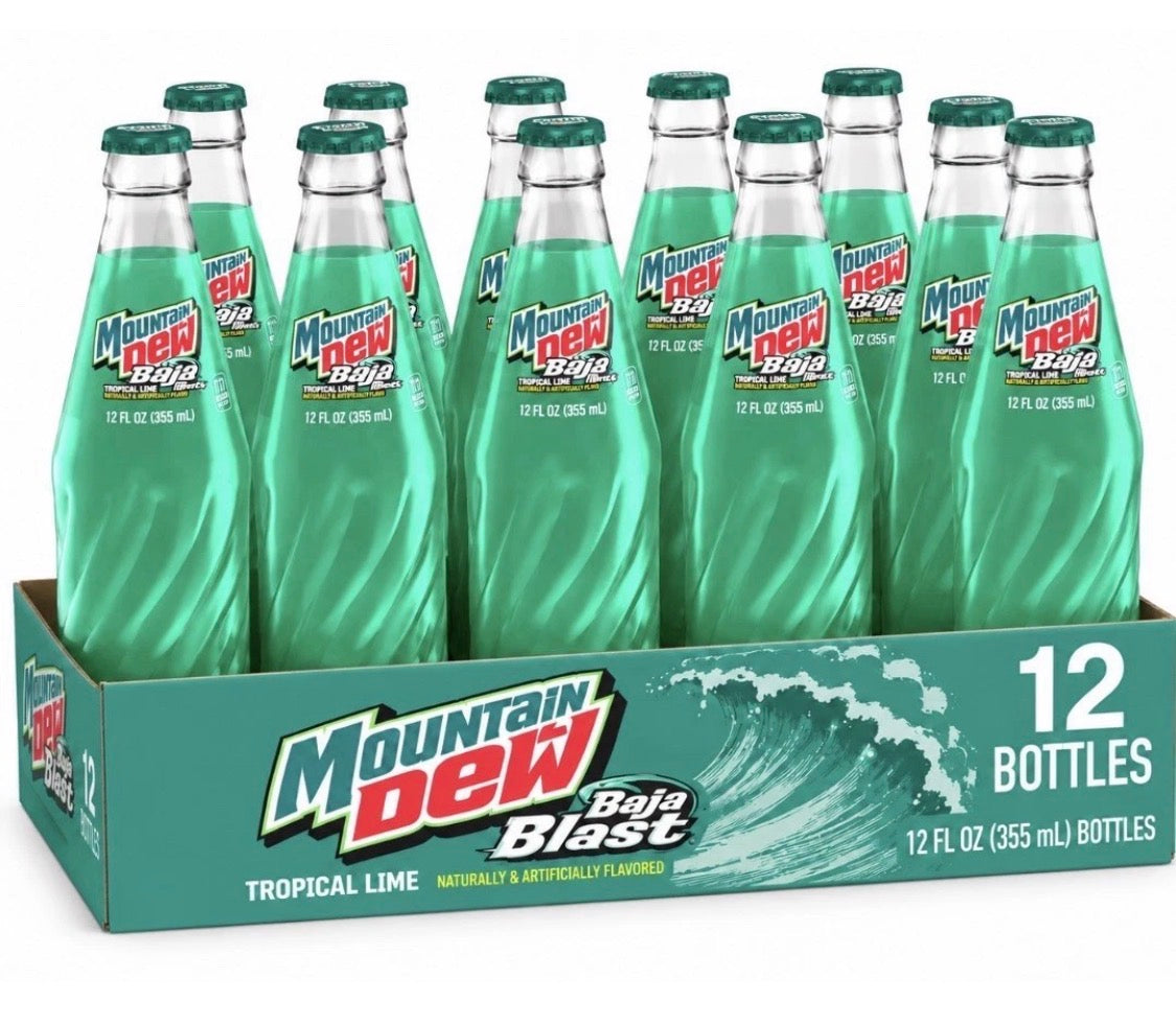 12 PACK! NEW! Mountain Dew Baja Blast, 12 oz Glass Bottles, MADE WITH REAL SUGAR