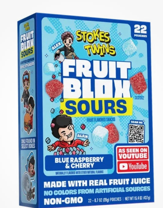 22 PACKS! NEW! FruitBlox Stokes Twins Sour Fruit Snacks, Blue Raspberry & Cherry