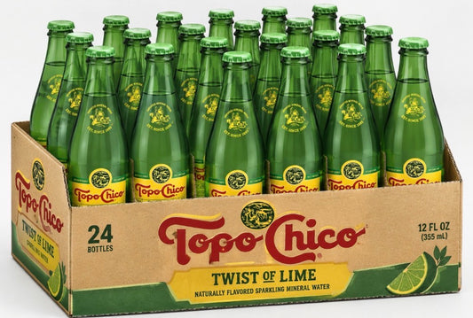 24 PACK! NEW! Topo Chico Twist Of Lime Mineral Water, 12 oz Glass Bottles
