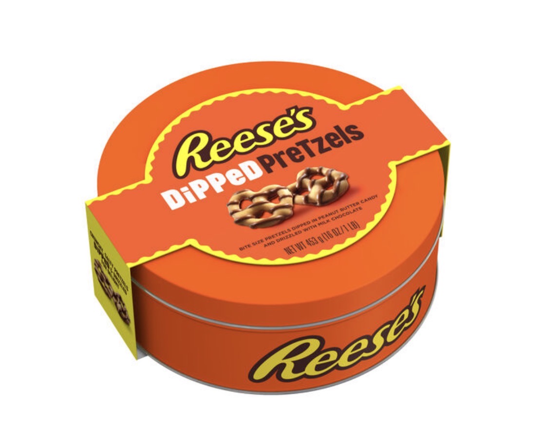 SHIPS COOL! Reese's Milk Chocolate Peanut Butter Dipped Pretzels 16oz Candy Tin