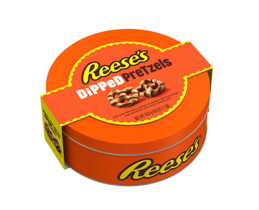 SHIPS COOL! Reese's Milk Chocolate Peanut Butter Dipped Pretzels 16oz Candy Tin